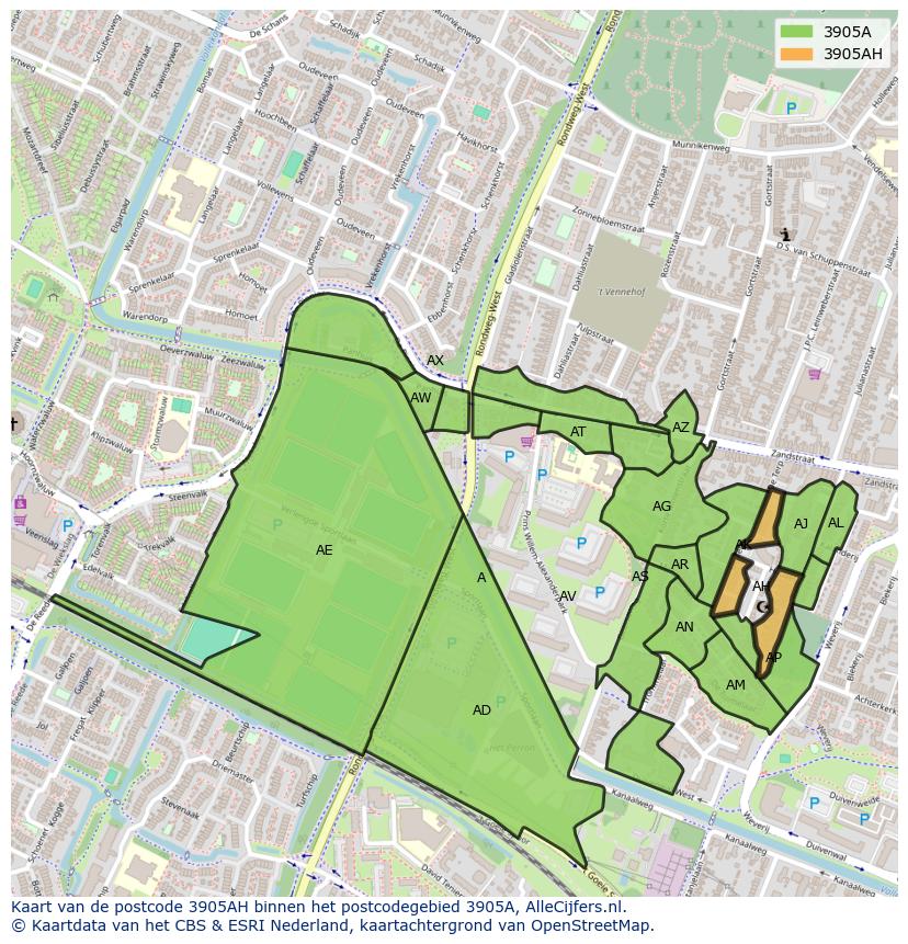 Afbeelding van het postcodegebied 3905 AH op de kaart.