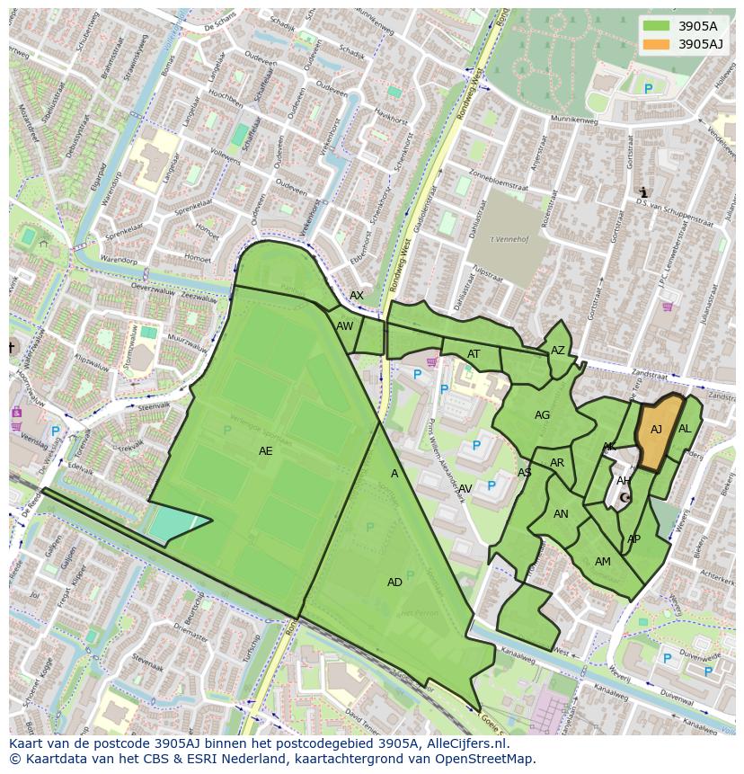 Afbeelding van het postcodegebied 3905 AJ op de kaart.