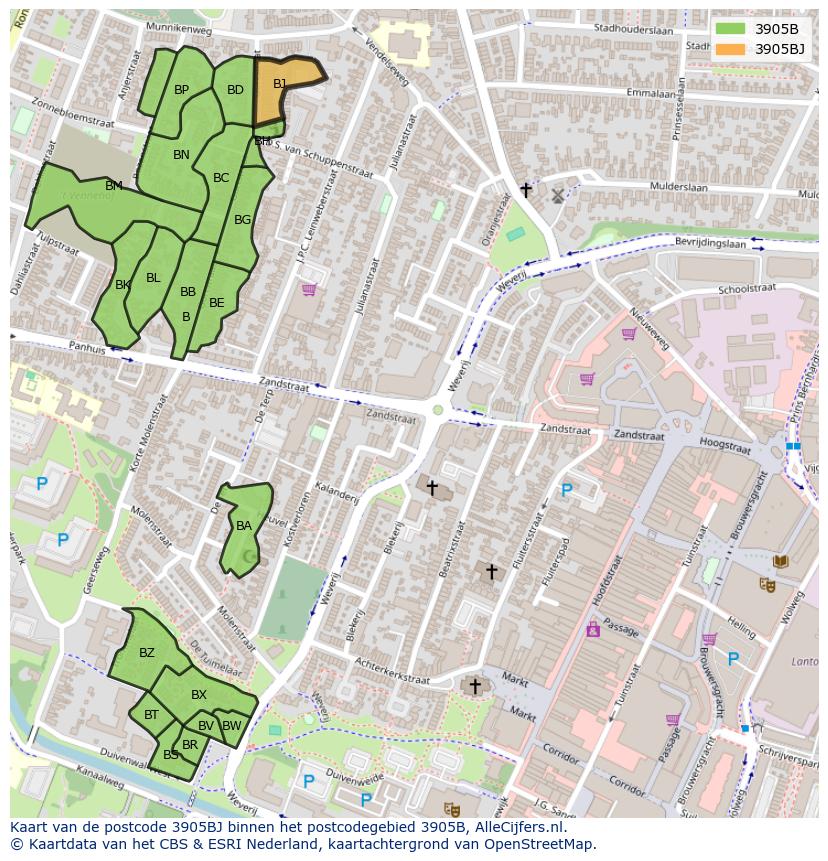 Afbeelding van het postcodegebied 3905 BJ op de kaart.
