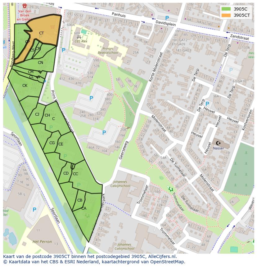 Afbeelding van het postcodegebied 3905 CT op de kaart.