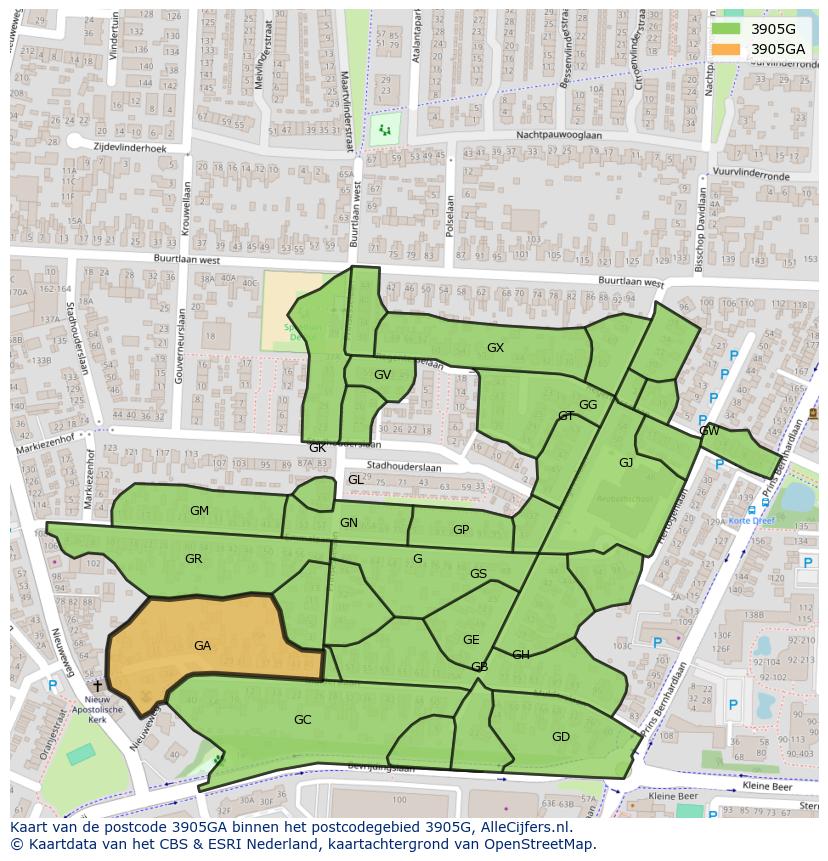 Afbeelding van het postcodegebied 3905 GA op de kaart.
