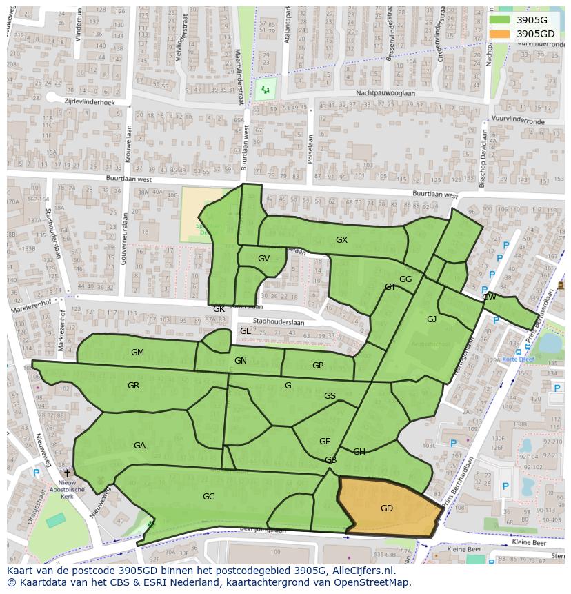 Afbeelding van het postcodegebied 3905 GD op de kaart.
