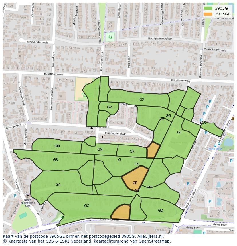 Afbeelding van het postcodegebied 3905 GE op de kaart.