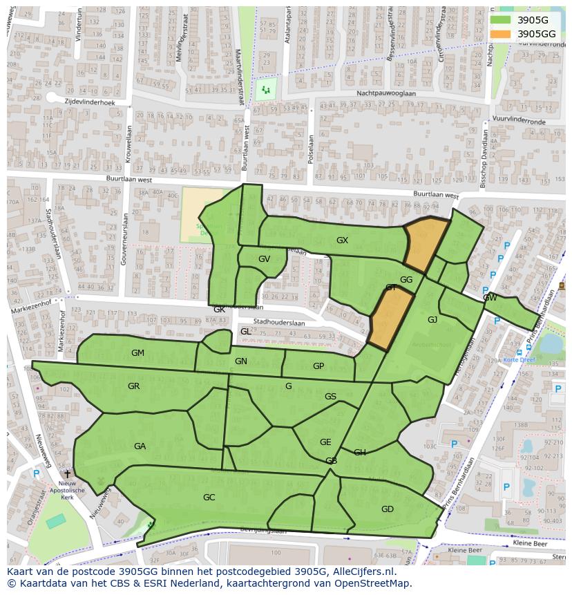 Afbeelding van het postcodegebied 3905 GG op de kaart.