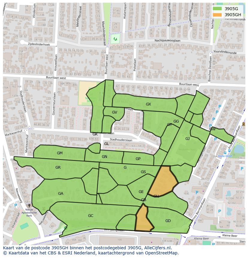 Afbeelding van het postcodegebied 3905 GH op de kaart.