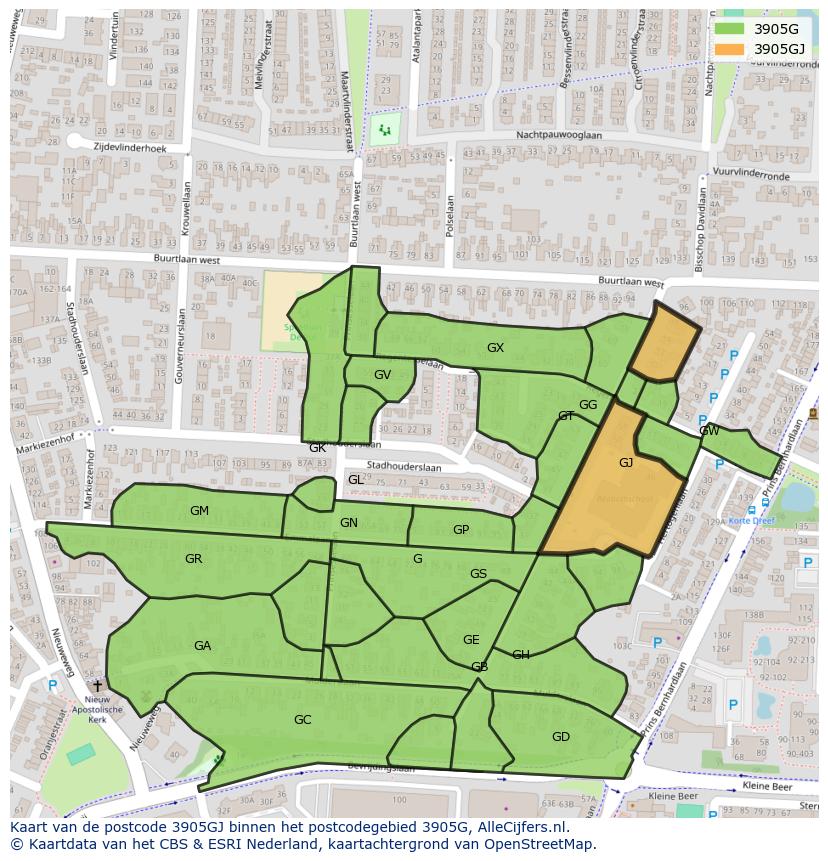 Afbeelding van het postcodegebied 3905 GJ op de kaart.