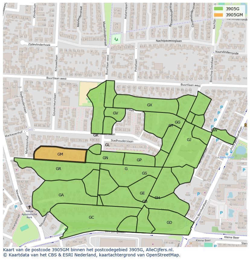 Afbeelding van het postcodegebied 3905 GM op de kaart.