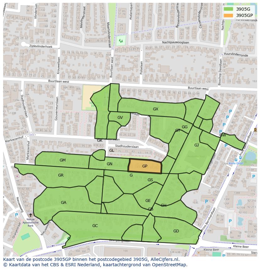 Afbeelding van het postcodegebied 3905 GP op de kaart.