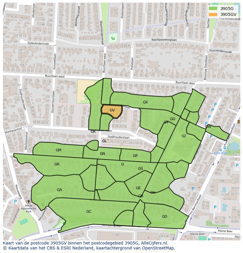 Afbeelding van het postcodegebied 3905 GV op de kaart.