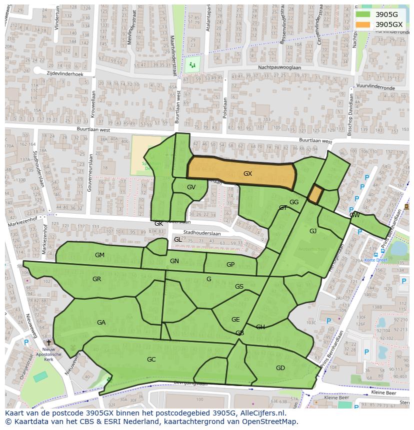 Afbeelding van het postcodegebied 3905 GX op de kaart.