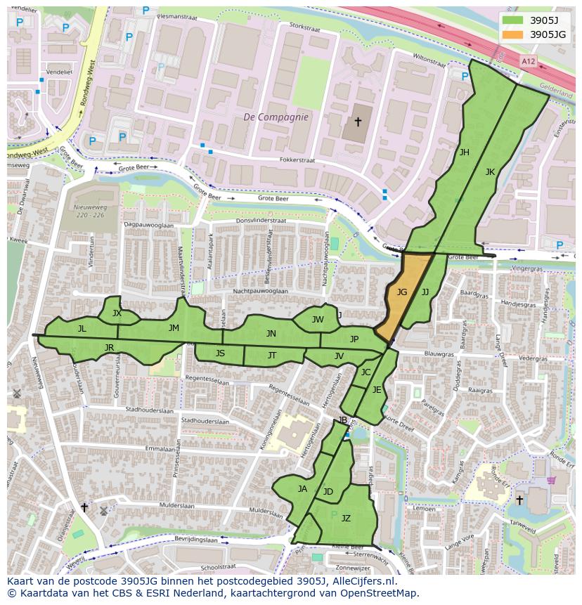 Afbeelding van het postcodegebied 3905 JG op de kaart.