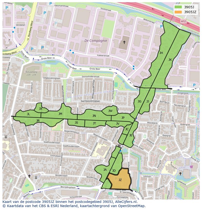 Afbeelding van het postcodegebied 3905 JZ op de kaart.