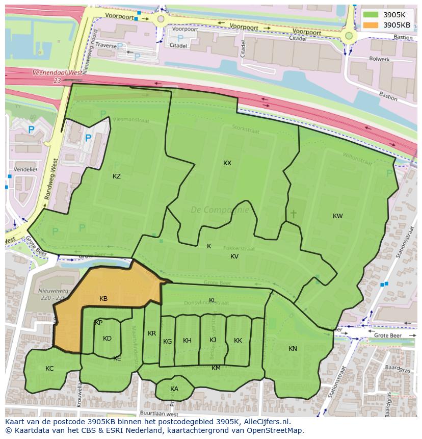 Afbeelding van het postcodegebied 3905 KB op de kaart.