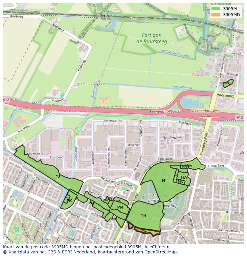 Afbeelding van het postcodegebied 3905 MD op de kaart.
