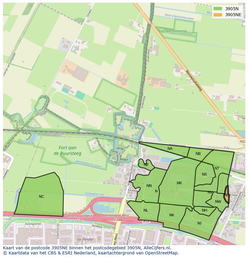 Afbeelding van het postcodegebied 3905 NE op de kaart.