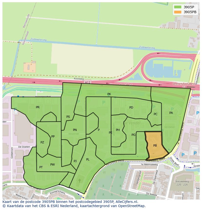Afbeelding van het postcodegebied 3905 PB op de kaart.
