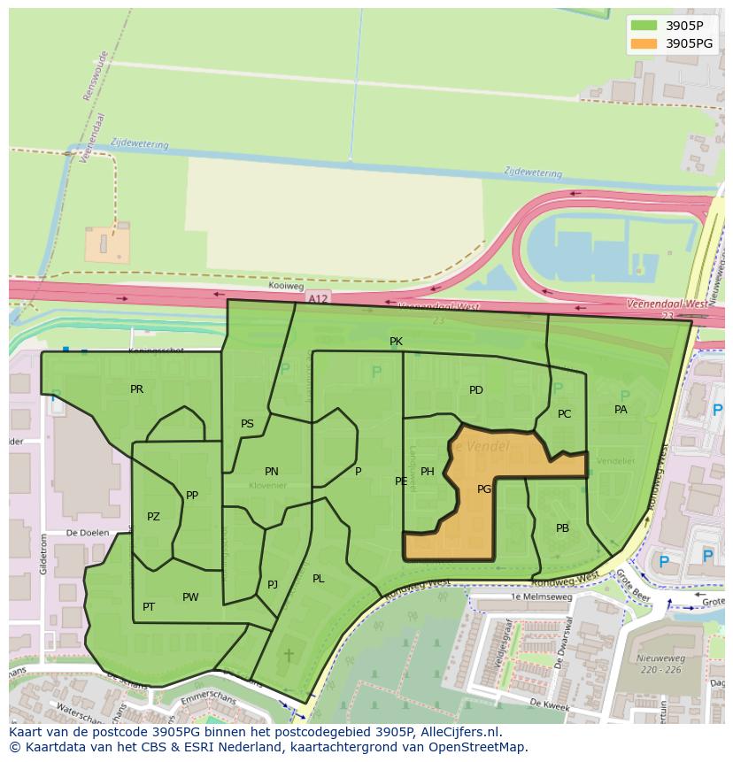 Afbeelding van het postcodegebied 3905 PG op de kaart.