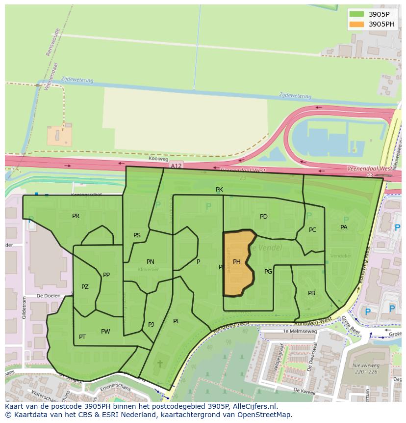 Afbeelding van het postcodegebied 3905 PH op de kaart.
