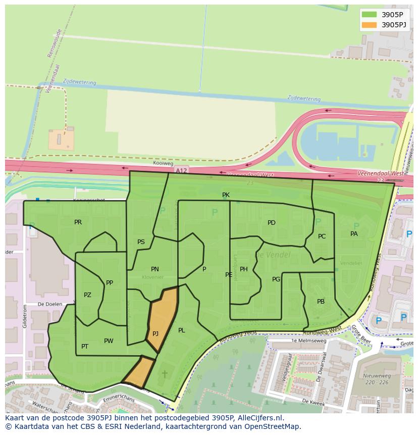Afbeelding van het postcodegebied 3905 PJ op de kaart.