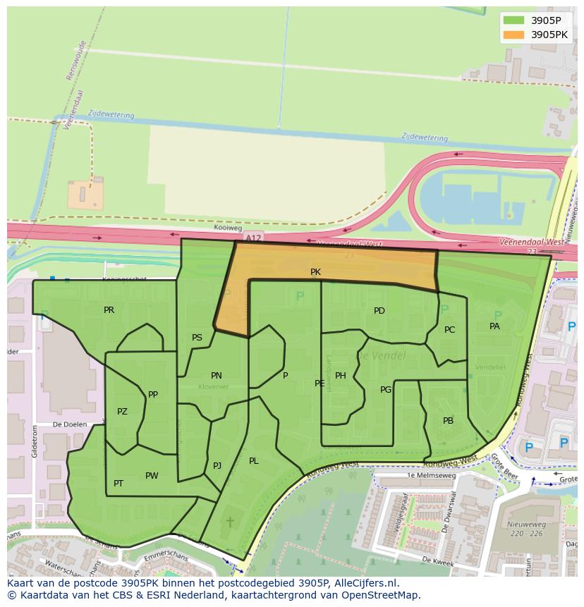 Afbeelding van het postcodegebied 3905 PK op de kaart.