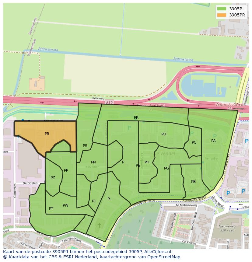 Afbeelding van het postcodegebied 3905 PR op de kaart.