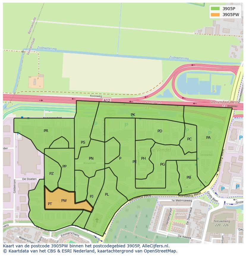 Afbeelding van het postcodegebied 3905 PW op de kaart.