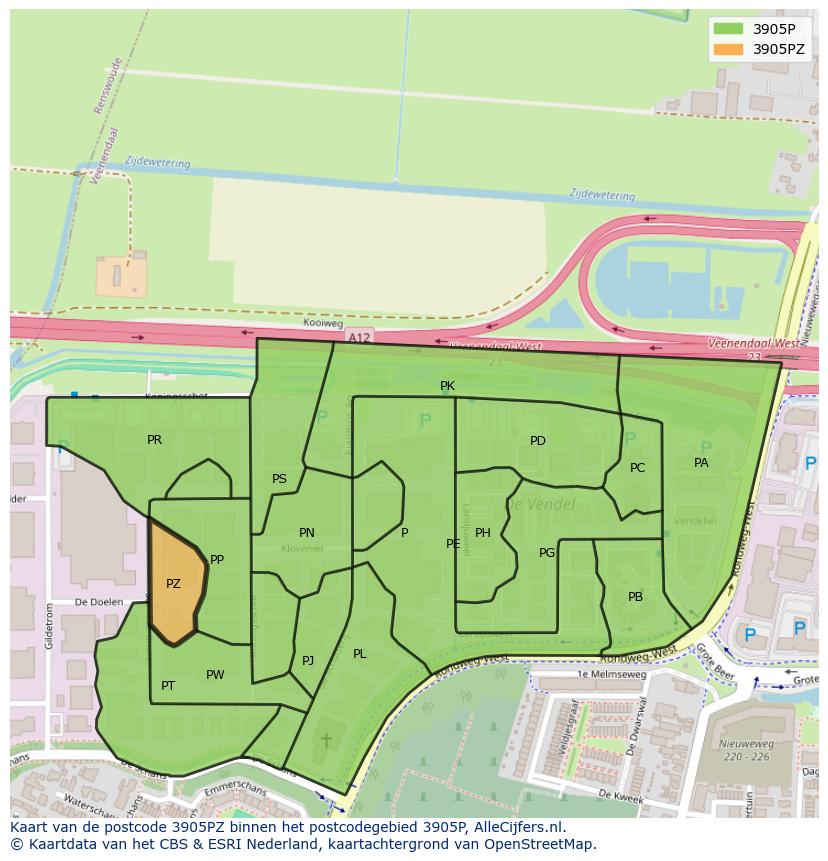 Afbeelding van het postcodegebied 3905 PZ op de kaart.