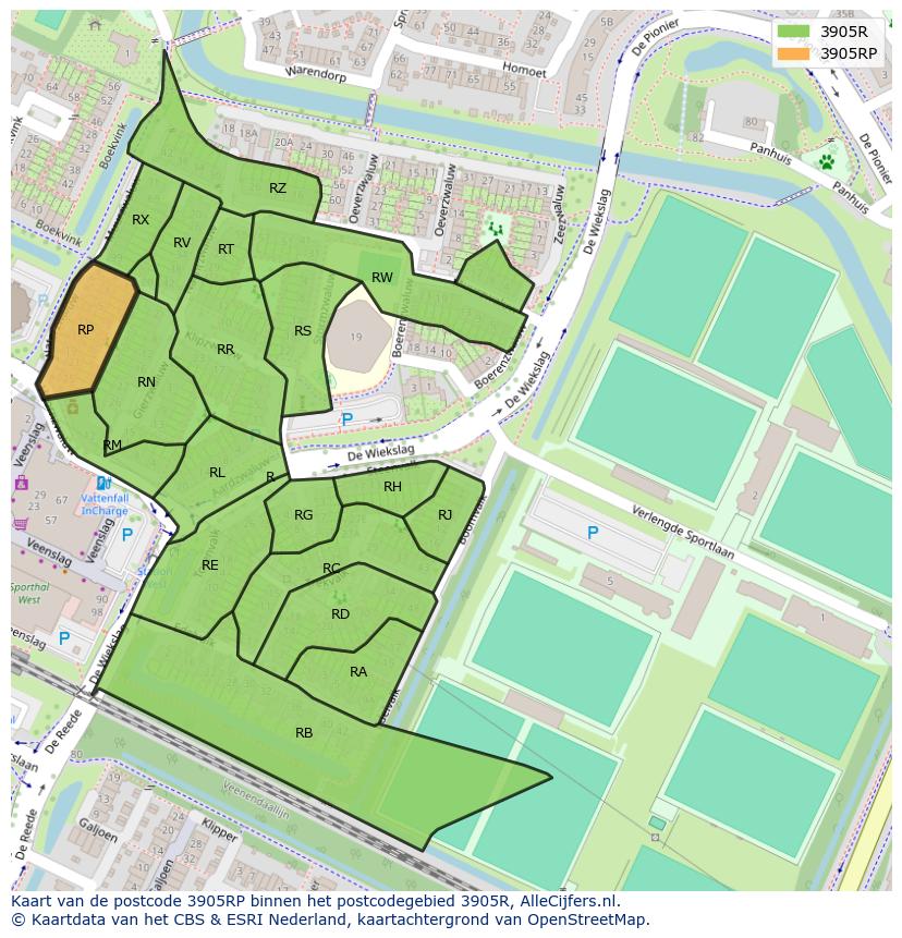 Afbeelding van het postcodegebied 3905 RP op de kaart.
