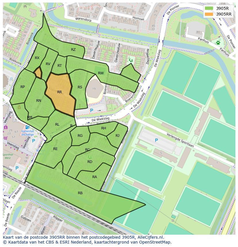 Afbeelding van het postcodegebied 3905 RR op de kaart.
