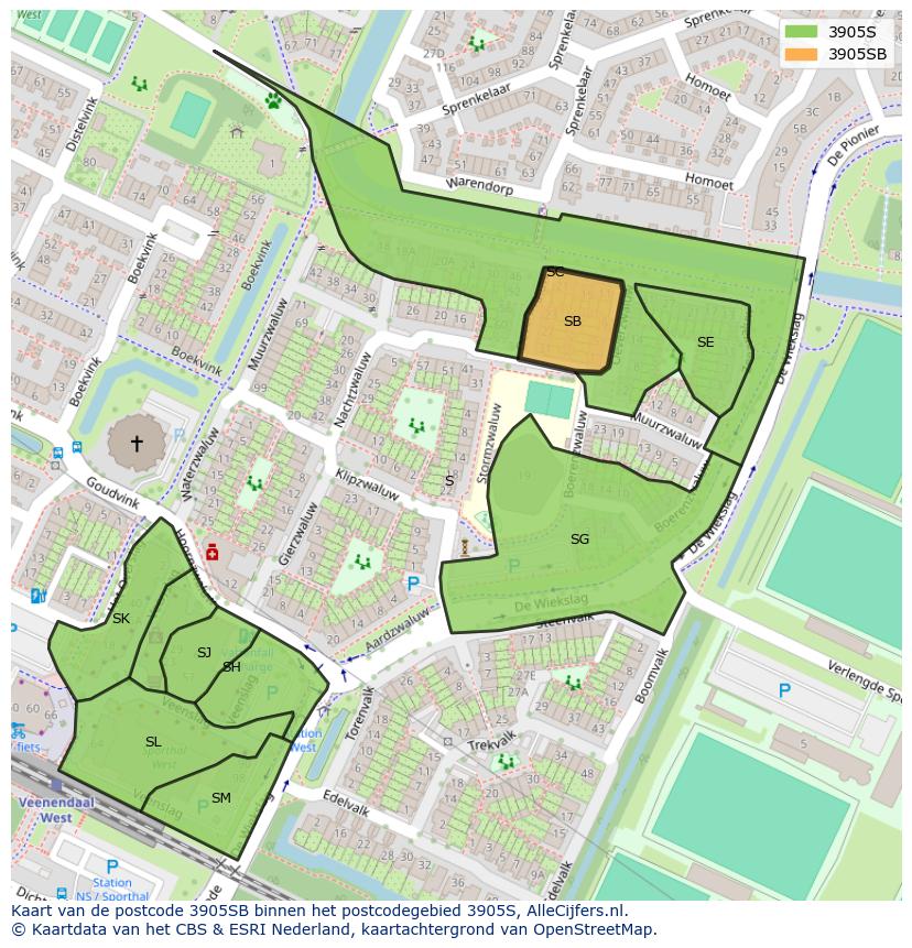 Afbeelding van het postcodegebied 3905 SB op de kaart.