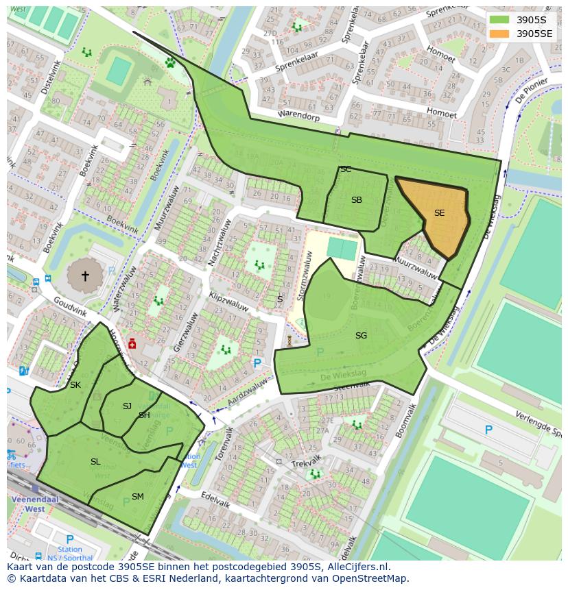 Afbeelding van het postcodegebied 3905 SE op de kaart.