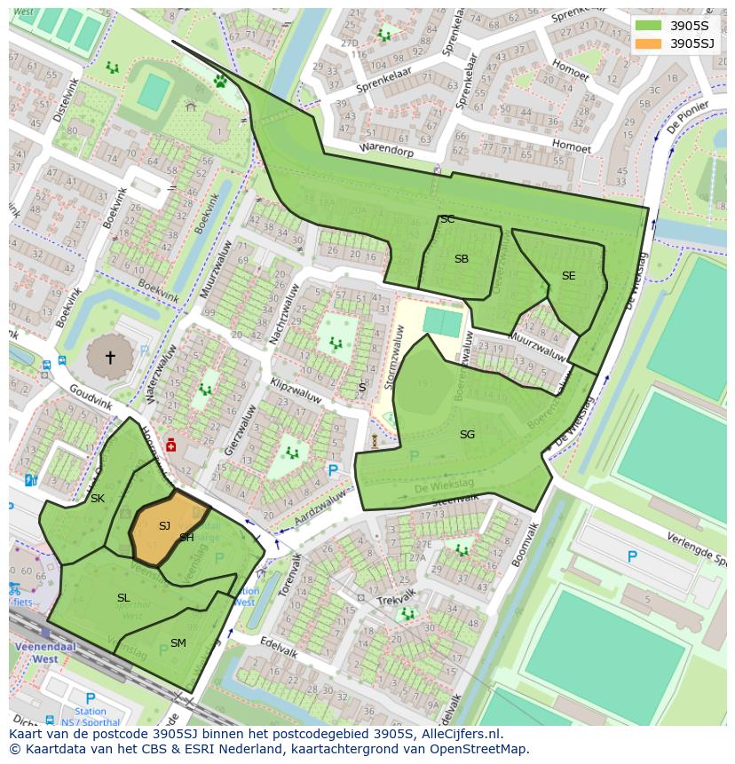 Afbeelding van het postcodegebied 3905 SJ op de kaart.
