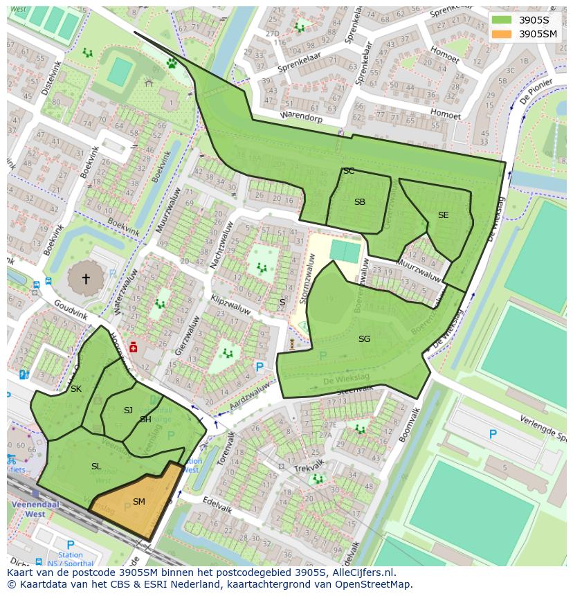 Afbeelding van het postcodegebied 3905 SM op de kaart.