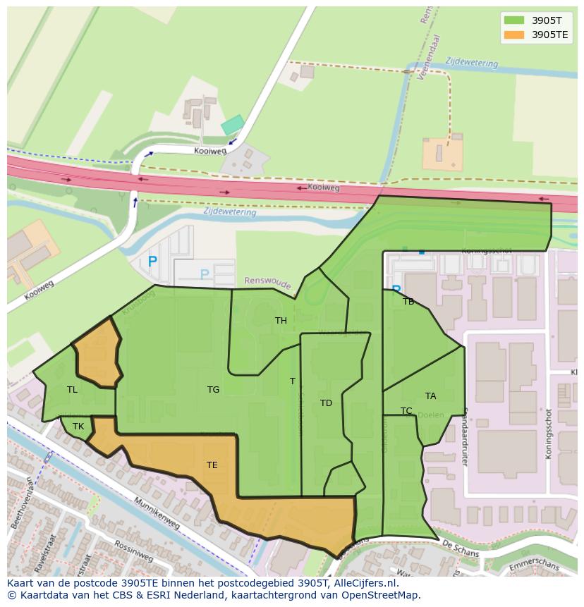 Afbeelding van het postcodegebied 3905 TE op de kaart.