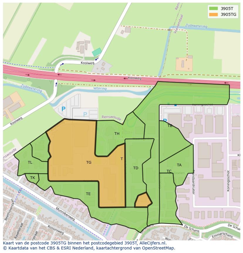 Afbeelding van het postcodegebied 3905 TG op de kaart.