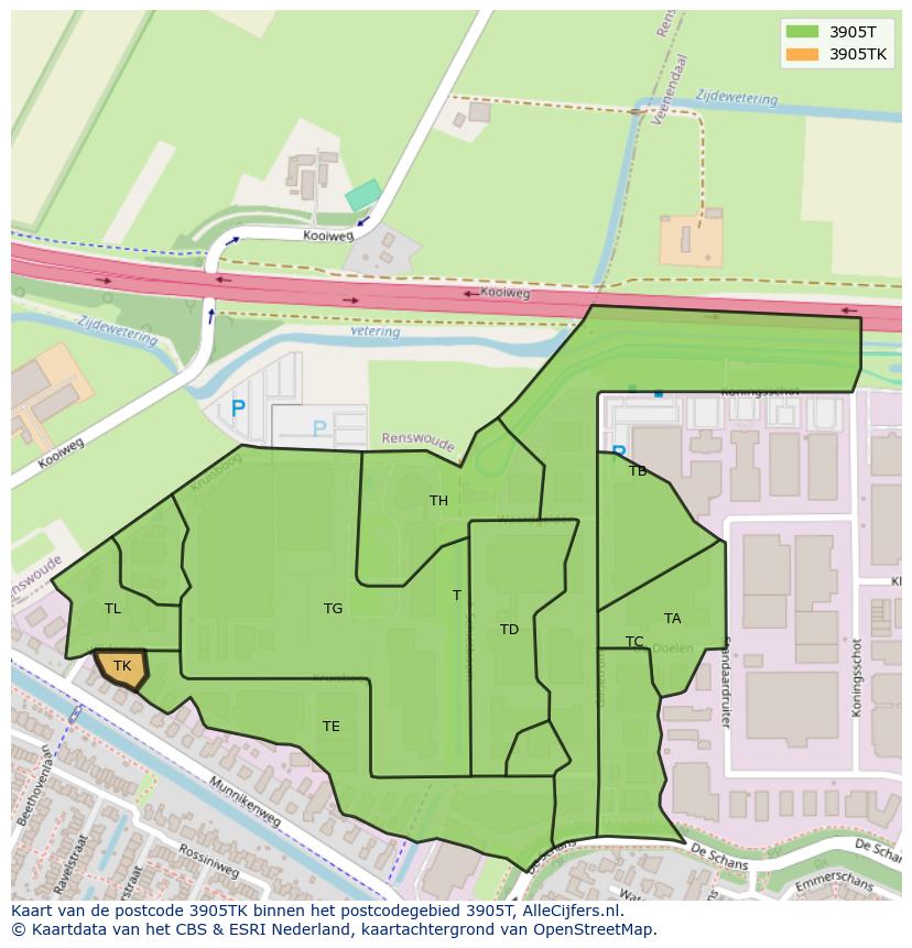 Afbeelding van het postcodegebied 3905 TK op de kaart.