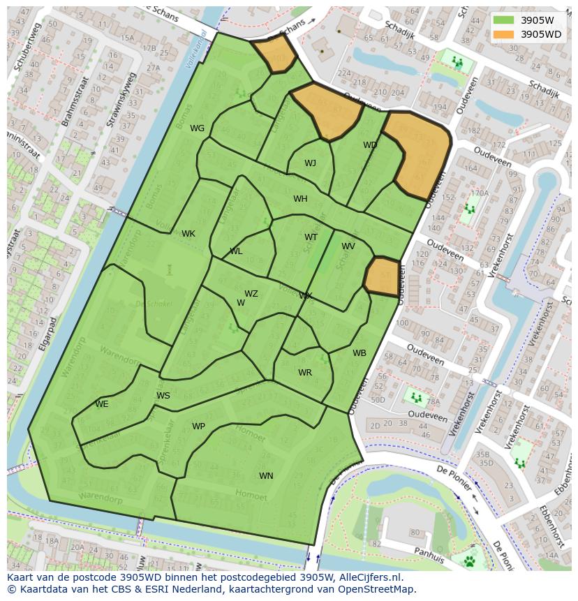 Afbeelding van het postcodegebied 3905 WD op de kaart.