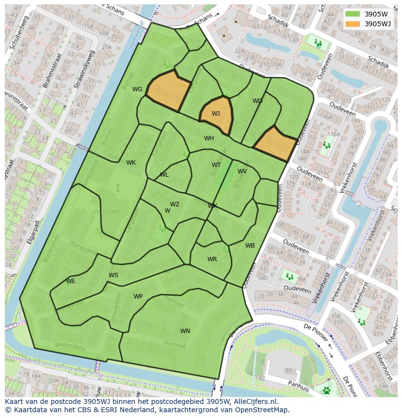 Afbeelding van het postcodegebied 3905 WJ op de kaart.