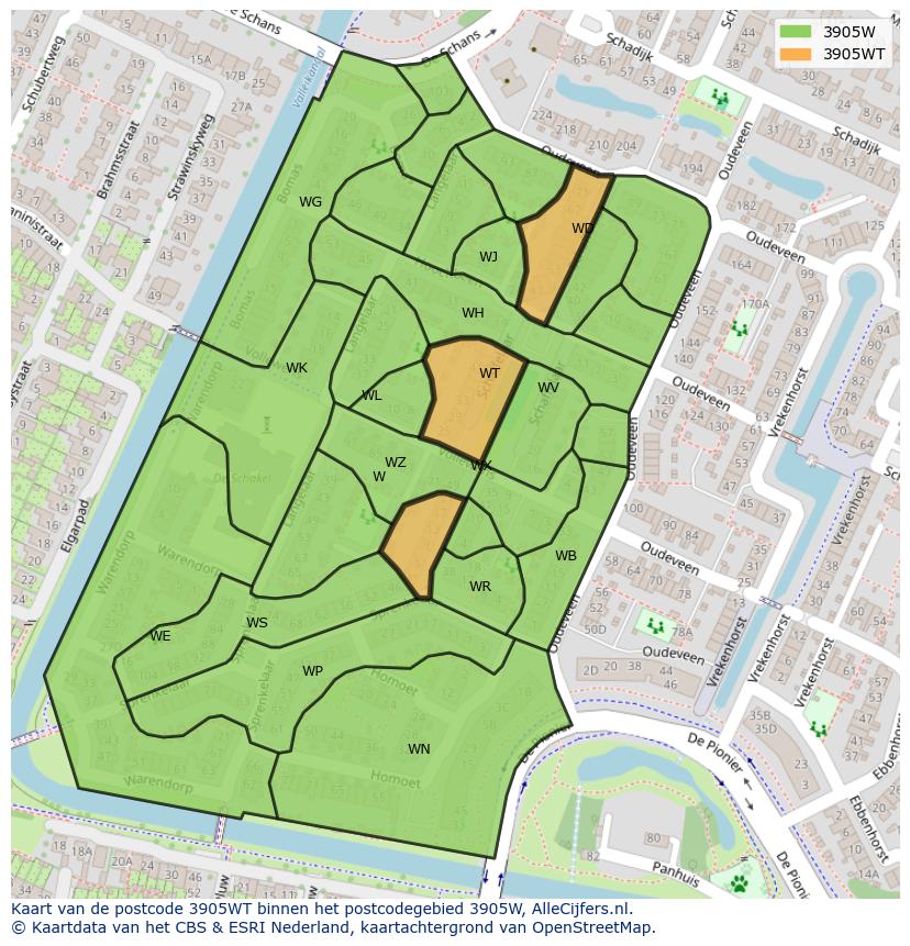 Afbeelding van het postcodegebied 3905 WT op de kaart.