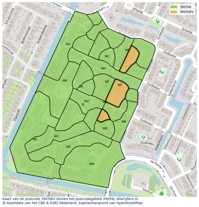 Afbeelding van het postcodegebied 3905 WV op de kaart.