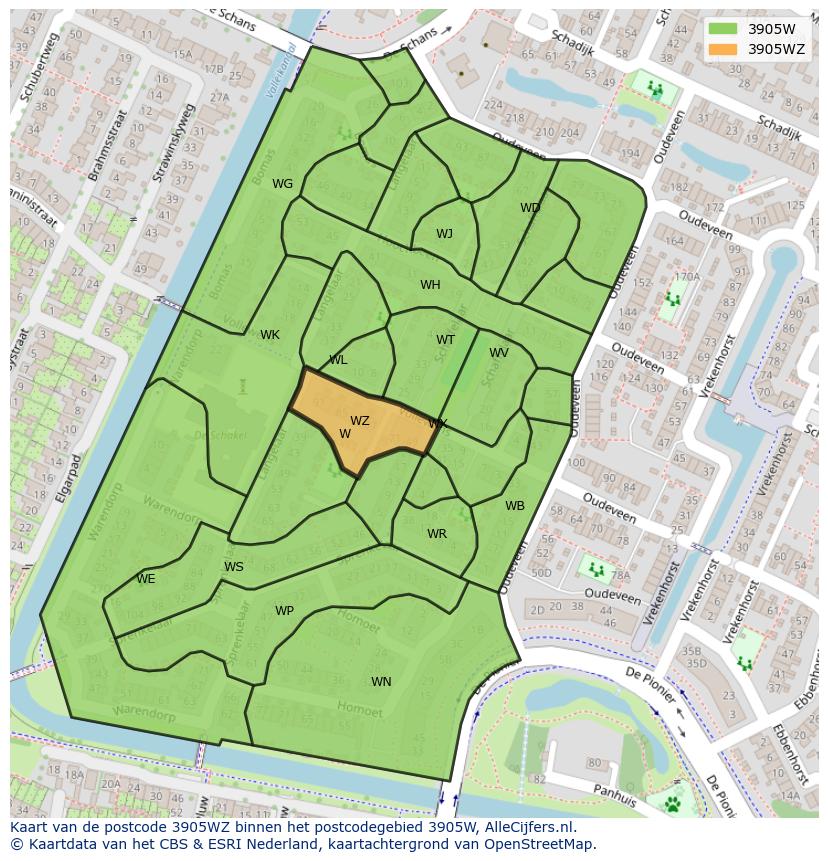 Afbeelding van het postcodegebied 3905 WZ op de kaart.