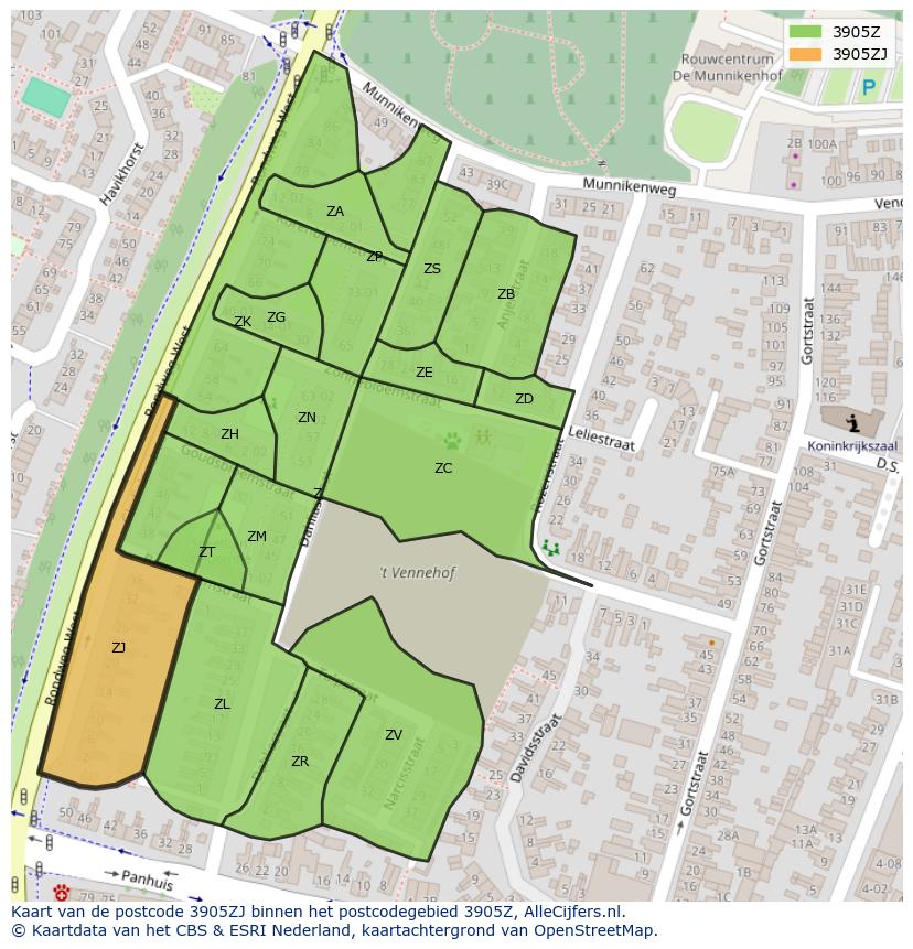 Afbeelding van het postcodegebied 3905 ZJ op de kaart.