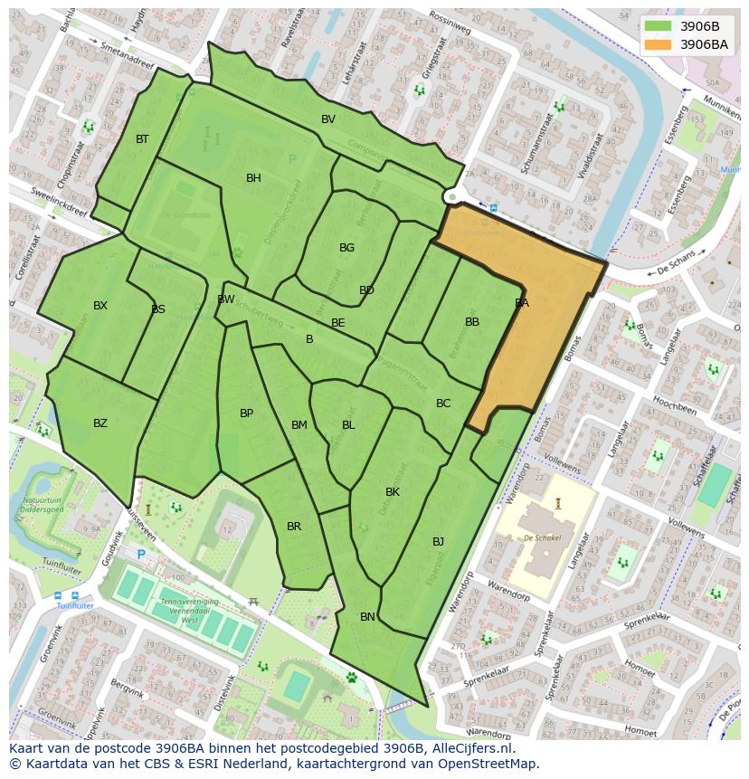 Afbeelding van het postcodegebied 3906 BA op de kaart.
