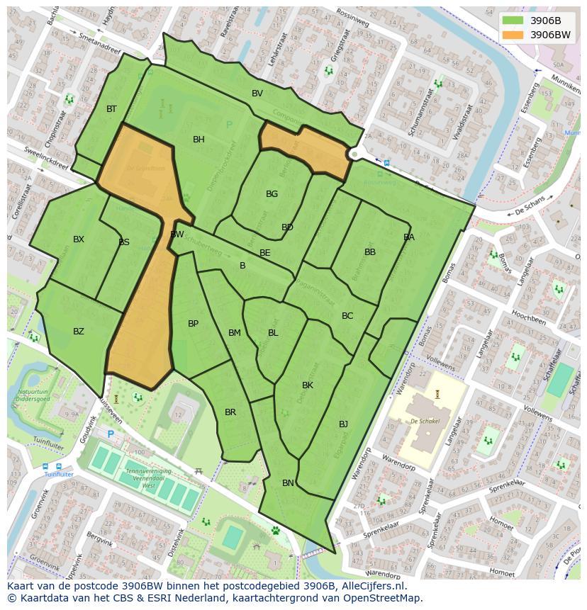 Afbeelding van het postcodegebied 3906 BW op de kaart.