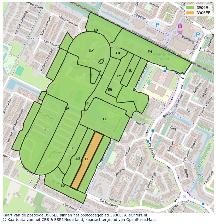 Afbeelding van het postcodegebied 3906 EE op de kaart.