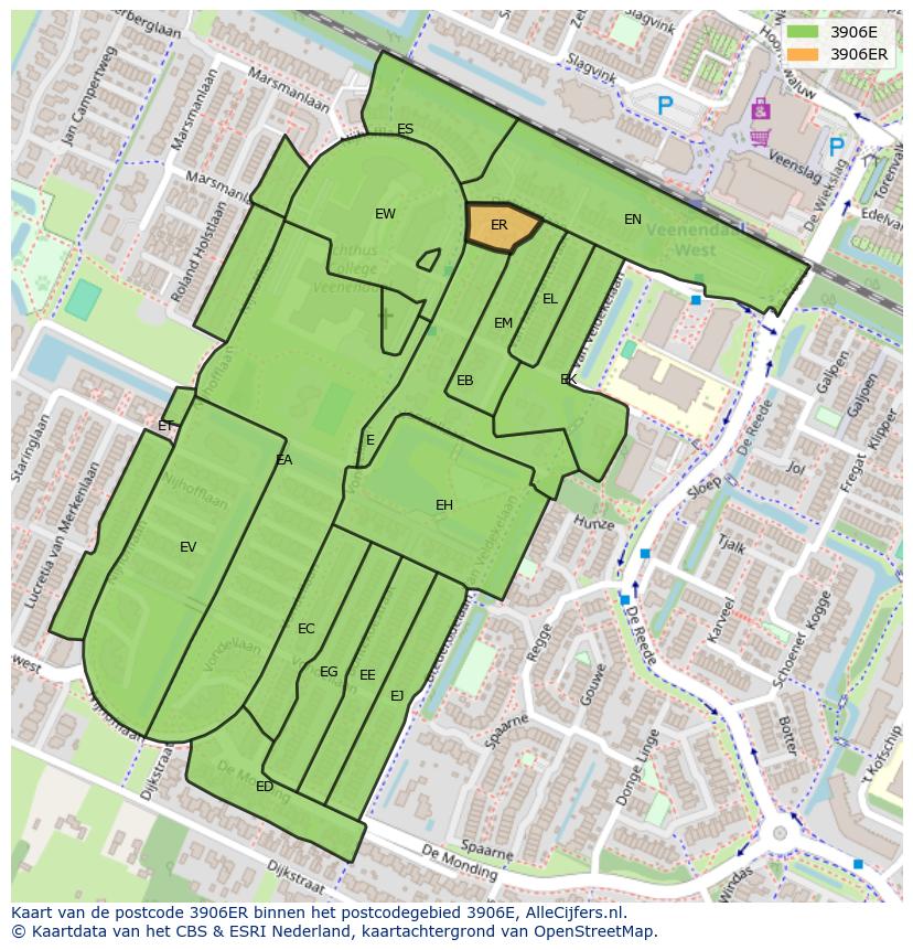 Afbeelding van het postcodegebied 3906 ER op de kaart.