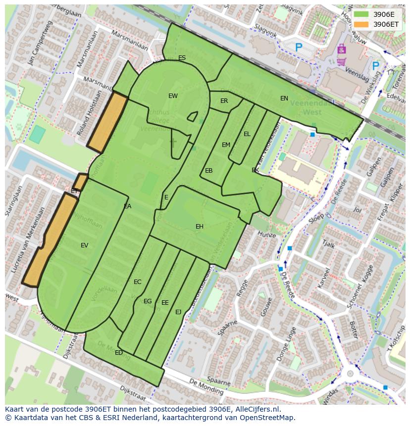 Afbeelding van het postcodegebied 3906 ET op de kaart.