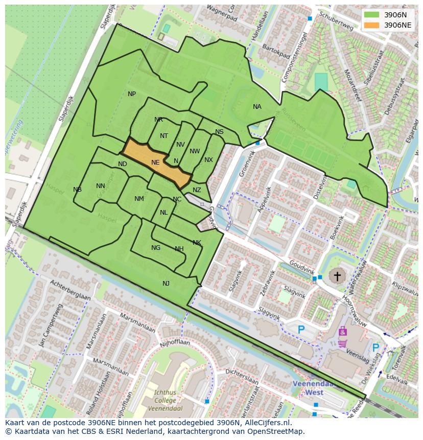 Afbeelding van het postcodegebied 3906 NE op de kaart.