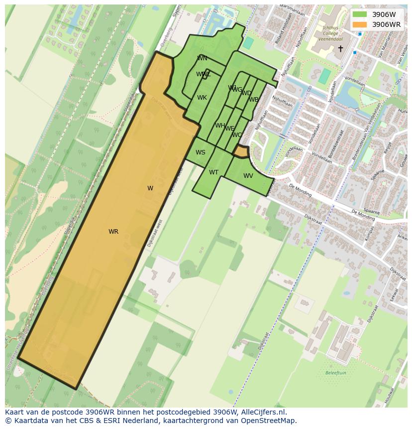 Afbeelding van het postcodegebied 3906 WR op de kaart.