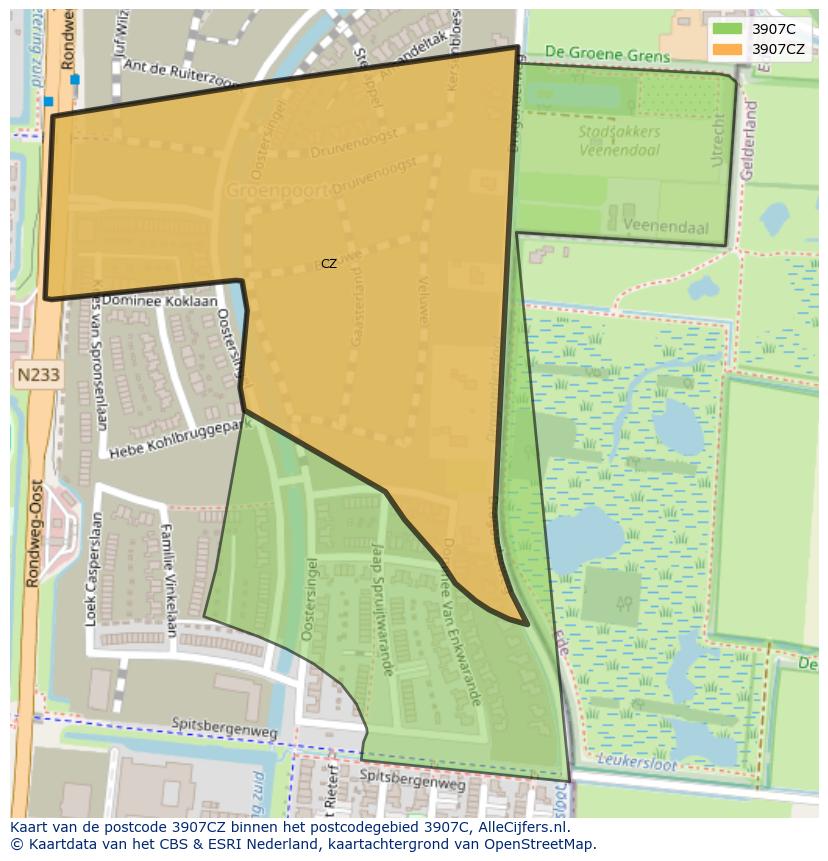 Afbeelding van het postcodegebied 3907 CZ op de kaart.